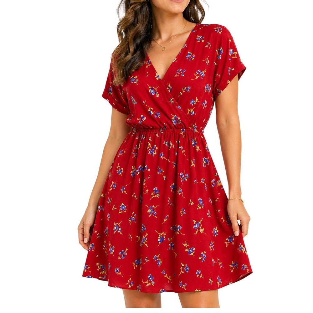 Sienna Sky Mini Dress Short Sleeve V-Neck Size Small  Red Floral Faux Wrap‎